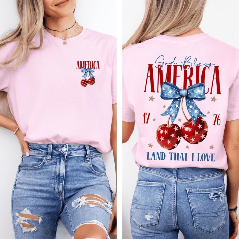 God Bless America, Patriotic, Cherries, USA, Fourth Of July, Comfort Colors T-Shirt, Women's Comfort Colors Tee