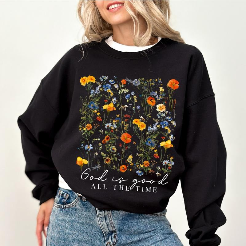 God Is Good All The Time Sweatshirt, Floral Christian Crewneck, Bible Verse Long Sleeves Pullover, Wild Flowers Religious Sweater, Christmas Gifts