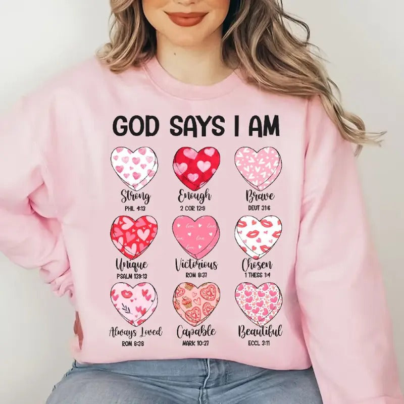 God Says I am Valentine Shirt, Jesus Valentine Tee, Christian Valentine Gift, Valentine Bible Verse Sweater, Retro Valentine Shirt, Love Christian, Faith and cross shirt, Couple Hodie and Sweater, T-Shirt