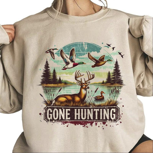 Gone Hunting Deer Sweatshirt Mallard Duck Retro T-Shirt Hunting Season National Day Unisex