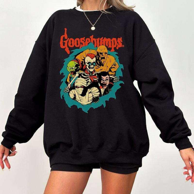 Goosebumps Retro Sweatshirt, Goosebumps Nightmare Halloween Characters Sweatshirt, Goosebumps Halloween Crewneck, Green Halloween Costume Cotton Fabric