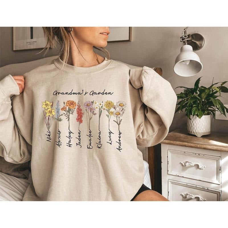 Grandma's Garden Sweatshirt, Custom Birthflower Sweatshirt, Gift for Grandma, Love Grows Here, Mom's Garden, Mother's Day Gift