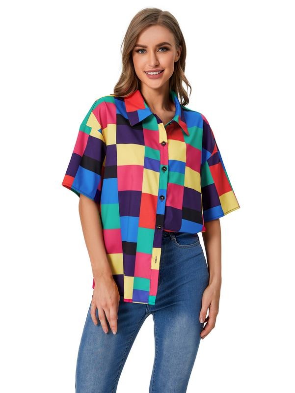 Graphic Color Block Button Down Shirts Short Sleeve 80s Blouse Top
