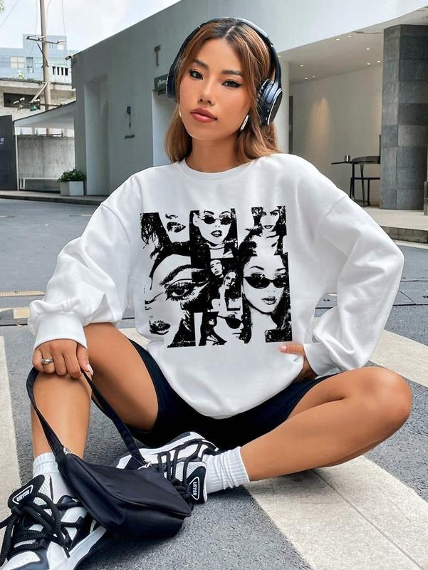 Graphic Figure Print Sweatshirt Long Sleeve Drop Shoulder Oversized Pullover Top