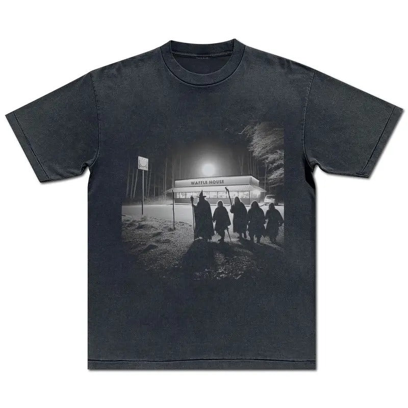 Gray Wizard and Fellowship at Waffle Restaurant Middle of Earth Tee Tolkien Book Christmas Birthday Gift Vintage 90s Tee AI Trail Cam Shirt