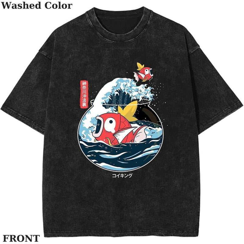 Great Wave of Magikarp Graphic T-Shirt, Pokemon T-Shirt, PKM Shirt, Anime Funny Shirt, Vintage Tee Streetwear Shortsleeve Printed Womenswear