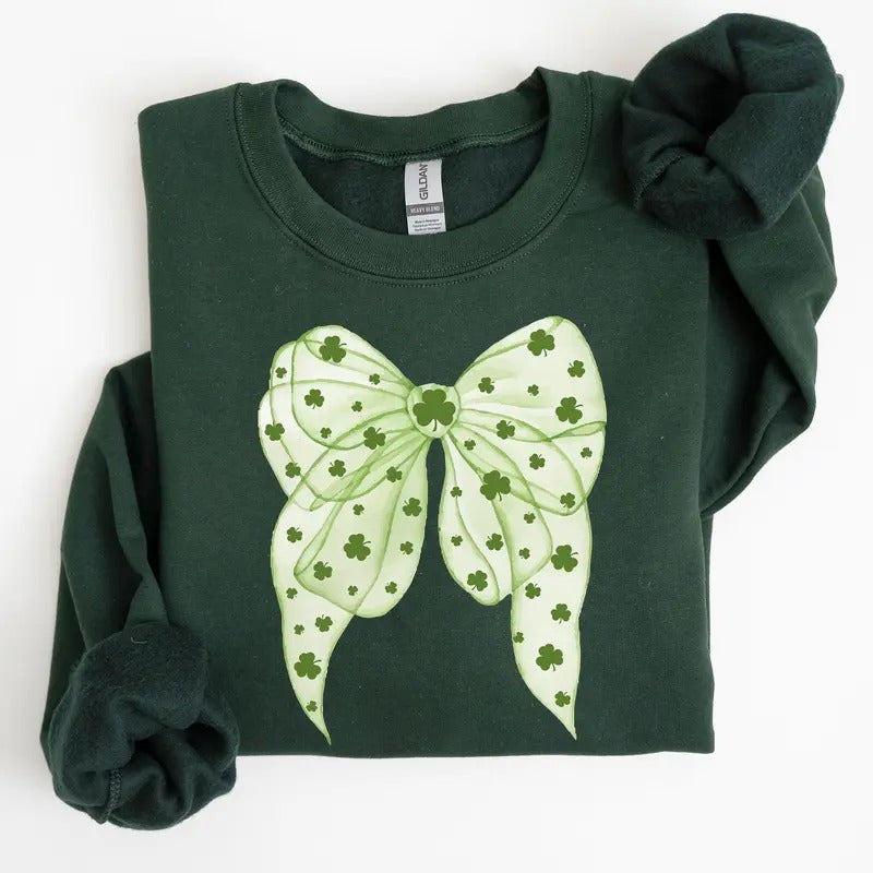 Green Coquette, Bow, Lucky, Shamrock, Lucky Charm, Irish, Retro, St Patrick's Day Sweatshirt, Crew Neck, Women's, Crewneck