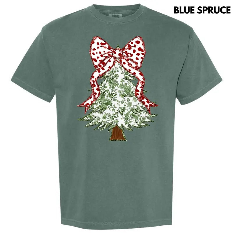 Green Floral & Red Bow Tree Comfort Colors T-Shirt 'NLB'