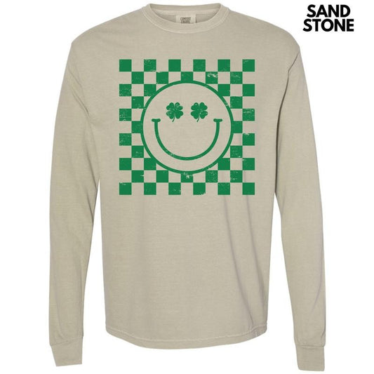 Green Shamrock Checker Happy Face Long Sleeve Comfort Colors T-Shirt 'NLB'