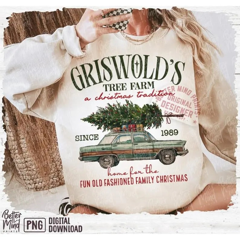 Griswold Christmas Tree Farm Sweatshirt, Merry Christmas shirt, Retro Christmas Womenswear Check Sweaters Womenswear Check Round Neck
