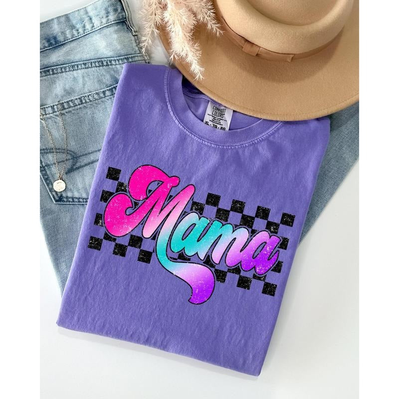 Groovy Mama, Checkered, Lightening Bolt, Colorful, Mother, Mom, Retro Shirt, Women's Comfort Color Tee, Tshirt
