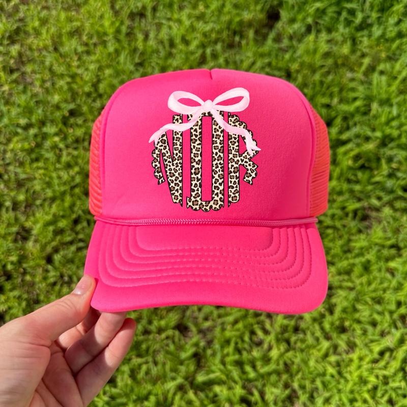 HAT - Pink Bow Cheetah Monogram Foam Mesh Trucker Hat 'NLB'