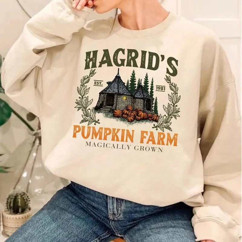 Hagrids Pumpkin Patch Sweatshirt, Vintage Halloween Fall Sweatshirt, Pumpkin Farm Sweater, Pumpkin Fall Thanksgiving - Unisex Crewneck Sweatshirt for Men and Women - Pullover, Womenswear