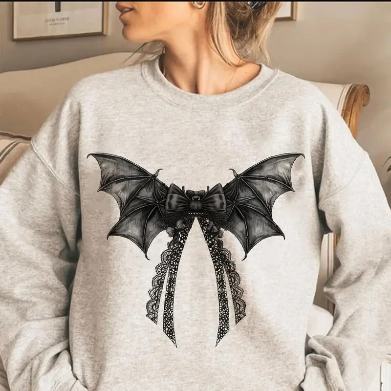 Halloween Bat Gothic Coquette Bow Sweater, Retro Halloween Tee, Gothic, Black Bow Spooky Season Shirt, Soft Girl, Gothic Bat Bow, Unisex Tshirt for Men and Women, Menswear, Womenswear, Lady Top Fabric Printed Cotton Sweatshirt