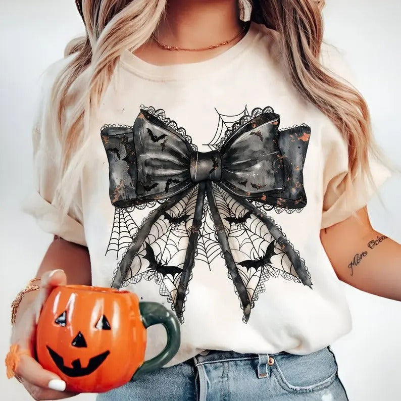 Halloween Bat Gothic Coquette Bow Sweatshirt, Girly Coquette Bow Hoodie, Retro Halloween T-Shirt, Black Bow Shirt