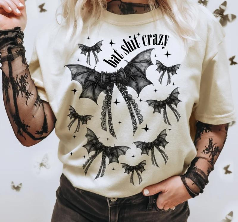 Halloween Bat shit crazy Gothic Coquette bow shirt, retro halloween shirt