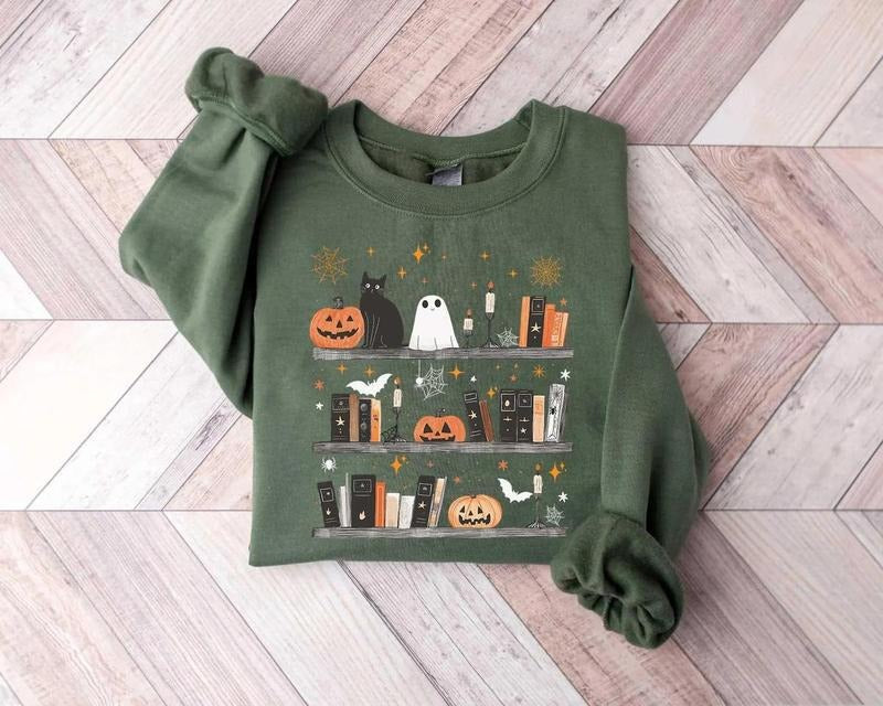 Halloween Book Shelf Sweatshirt, Ghost Reader Reading Tee for Book Lovers, Boo Crew Literature Sweatshirt, Spooky Season Gift for Readers, Cozy Fall Top for Women and Men, Bookish Autumn Outfit