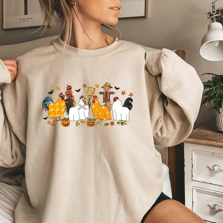 Halloween Chicken Sweatshirt, Spooky Chickens Sweatshirt, Autumn Fall Sweatshirt, Pumpkin Sweatshirt, Witch Sweatshirt, Haunted House Chicken, Halloween Party Shirt, Fall Graphic Shirt, Thanksgiving Shirt