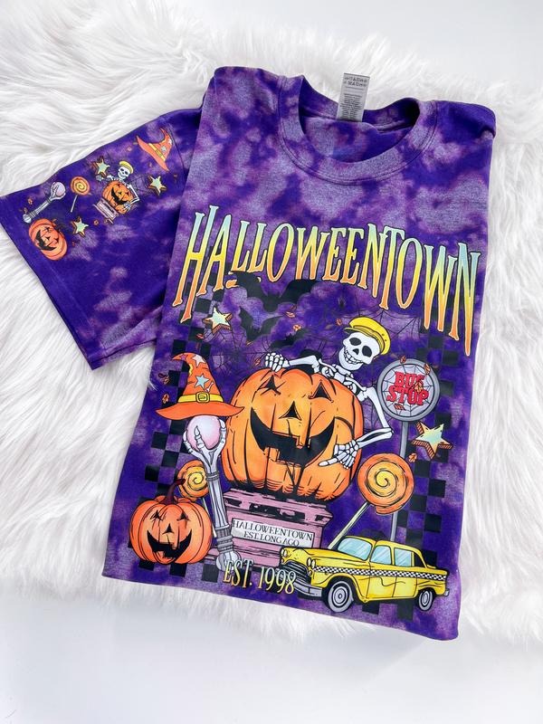 Halloween City Skeleton Town Short Sleeve Graphic Tee Unisex with sleeve print T-Shirt Womenswear Crewneck Casual Tshirt Top