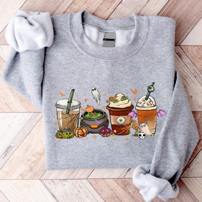 Halloween Coffee Latte Sweatshirt, Fall Coffee Sweater, Pumpkin Halloween Hoodie, Unisex Coffee Lover Gift, Spooky Season Sweater.