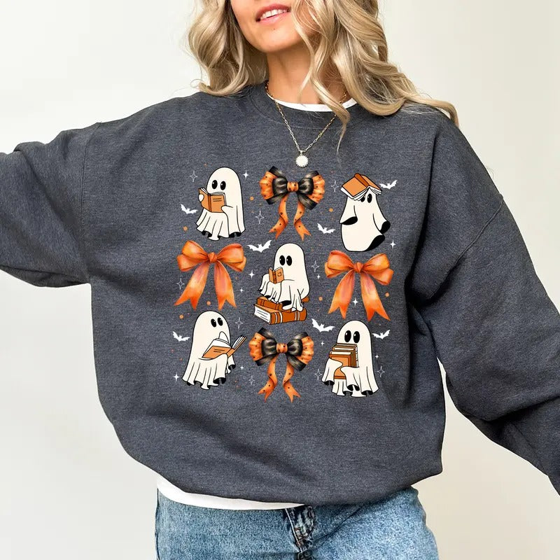 Halloween Coqquett Bow Book Ghost Sweatshirt, Cute Boos Reading Creweck for Women, Coqquett Bow Sweater, Ghost Reading Sweatshirt for Girls, Books Lover Gift, Spooky Season T-shirt, Comfy Cotton Long Sleeve Pullover, Fall Women's Tops, Casual Womenswear