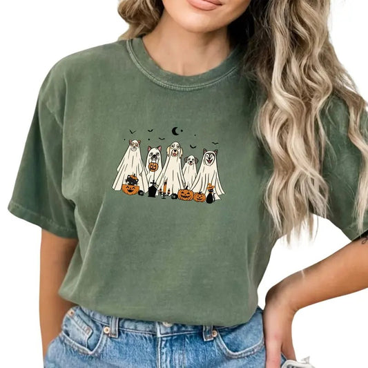Halloween Dogs Shirt, Funny Ghost Dogs T-shirt, Halloween Shirt For Women, Dog Lover Tees, Happy Halloween Crewneck, Retro Spooky Season, Ghost Shirt, Autumn Casual Women's Tops, Fall Winter Womenswear, Comfort Cotton Fabric Short Sleeve Relaxed Tee
