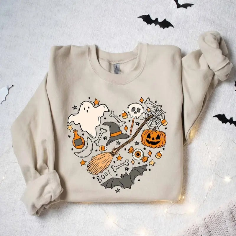 Halloween Doodles Hearth Shirt Gift For Halloween Moms, Cute Halloween Tshirt, Halloween Sweatshirt, Pumpkin Sweatshirt, Halloween Witch Tee Cotton Fabric Medium Womenswear Medium Womenswear