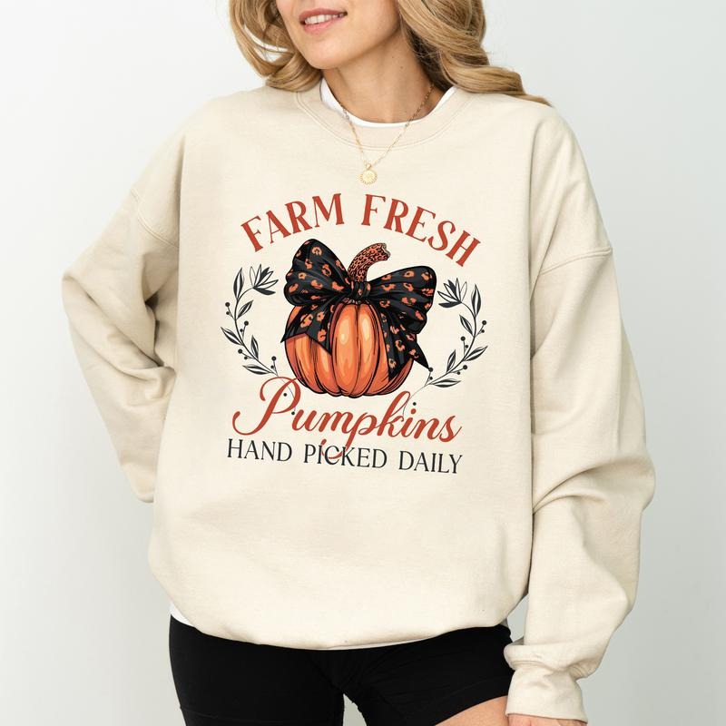 Halloween Farm Fresh Pumpkin Sweatshirt, Cheetah Coquette Bow Pumpkin Crewneck, Vintage Fall Pumpkin Sweatshirt, Spooky Season, Autumn Sweater, Comfy Long Sleeve Pullover, Cute Women's Tops, Fall Winter Casual Womenswear, Soft Cotton Fabric Relaxed Top