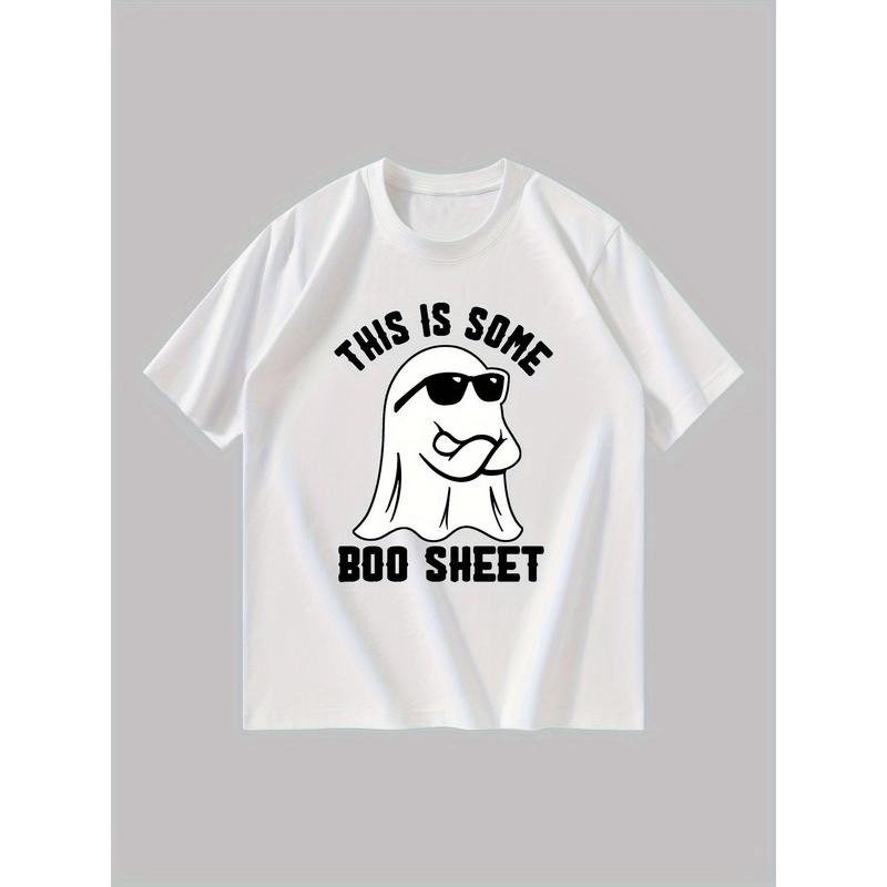 Halloween Ghost Print T-Shirt for Men - 'This Is Some Boo Sheet' Casual Crew Neck Cotton Blend Top - Comfortable, Breathable, Short Sleeve Summer Tee with Slight Stretch for Weekend Casual Wear made in usa