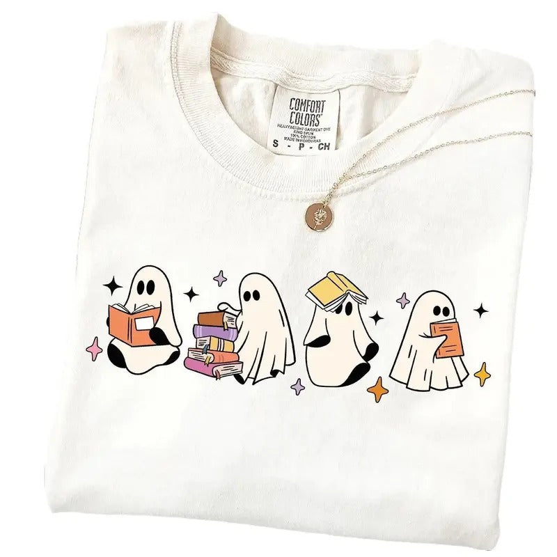 Halloween Ghosts Reading Book Shirt, Cute Ghost Tshirt, Womens Halloween Comfort Colors Shirt, Bookish Book Lovers Tee, Gift For Halloween
