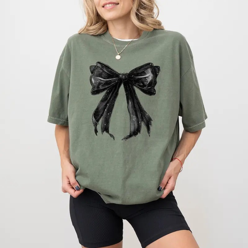 Halloween Gothic Coquette Bow Comfort Colors Shirt, Coquette Halloween Ribbons Graphic Tee, Spooky Vibes Unhinged Shirt, Funny T-shirt For Women, Black Bow Tee, Spooky Season Shirt, Halloween Gift, Cotton Fabric Relaxed Fit Chic Style