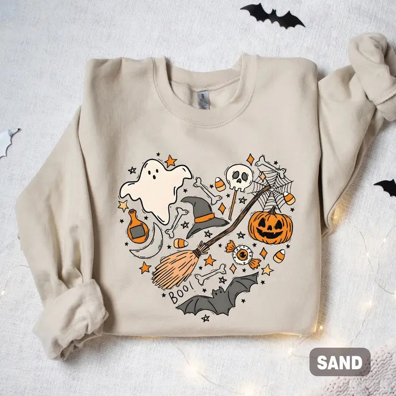 Halloween Heart Sweatshirt, Halloween Boo Shirt, Ghost Sweatshirt, Halloween Costume, For Men, For Women, Casual, Classic Fashion Hoodie Menswear