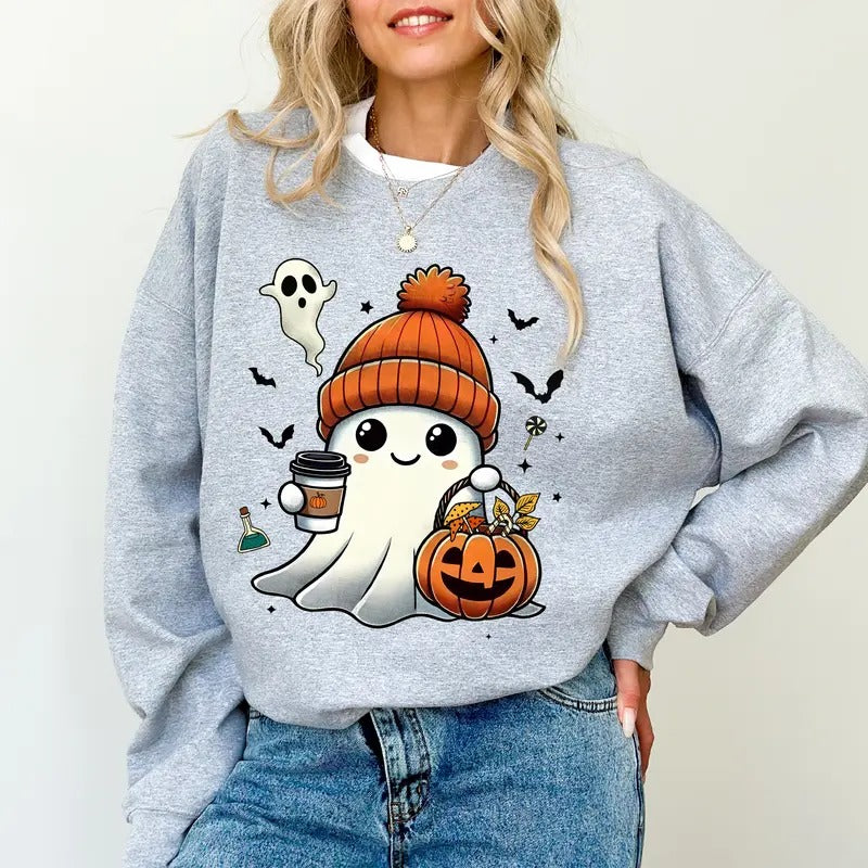 Halloween Pumpkin Ghost Coffee Sweatshirt, Coffee Ghost Creweck for Women, Little Ghost Sweater, Cute Boo Sweatshirt for Girl, Funny Coffee Lover Gift, Spooky Season T-shirt, Comfy Cotton Long Sleeve Pullover, Fall Autumn Women's Tops, Casual Womenswear