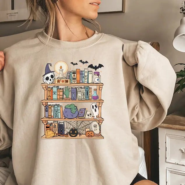 Halloween Retro Ghosts Reading Books Sweatshirt, Teacher Librarian Halloween Gift Spooky Season Trendy Shirt Gift Halloween Book Lover