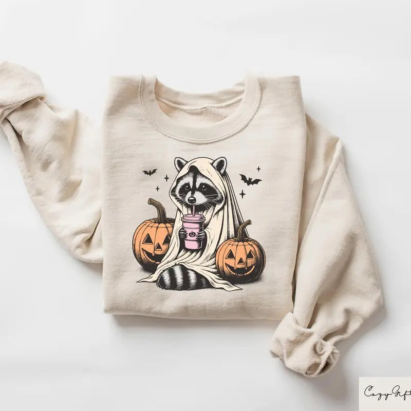 Halloween Sweatshirt, Cute Raccoon Ghost T-Shirt, Retro Halloween Shirts, Spooky Season Gift, Raccoon Halloween Shirt, Pumpkin Fall Shirt