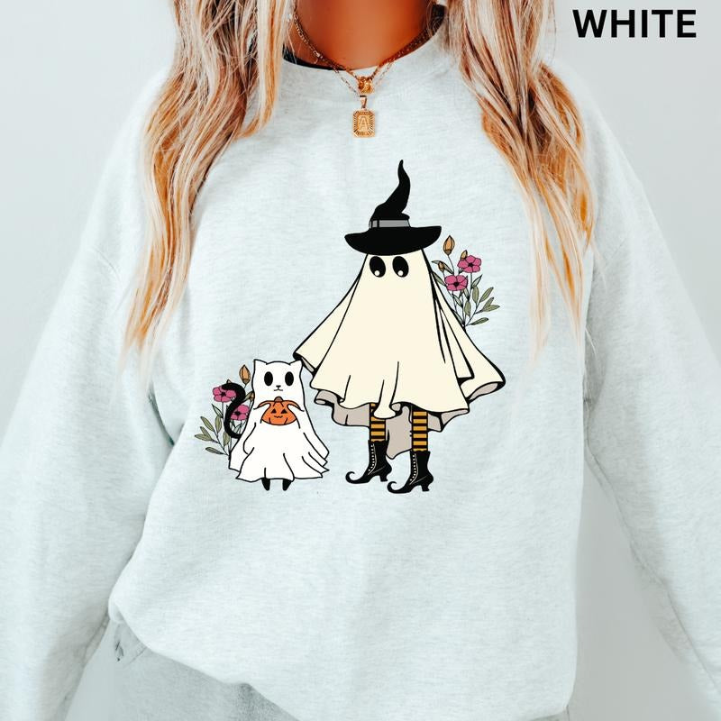 Halloween Sweatshirt, Womens Halloween Cat Sweatshirt, Catkin Crewneck, Cats Sweatshirt, Oversized Halloween Graphic Crewneck, Cotton Pullover Spooky Season Sweater
