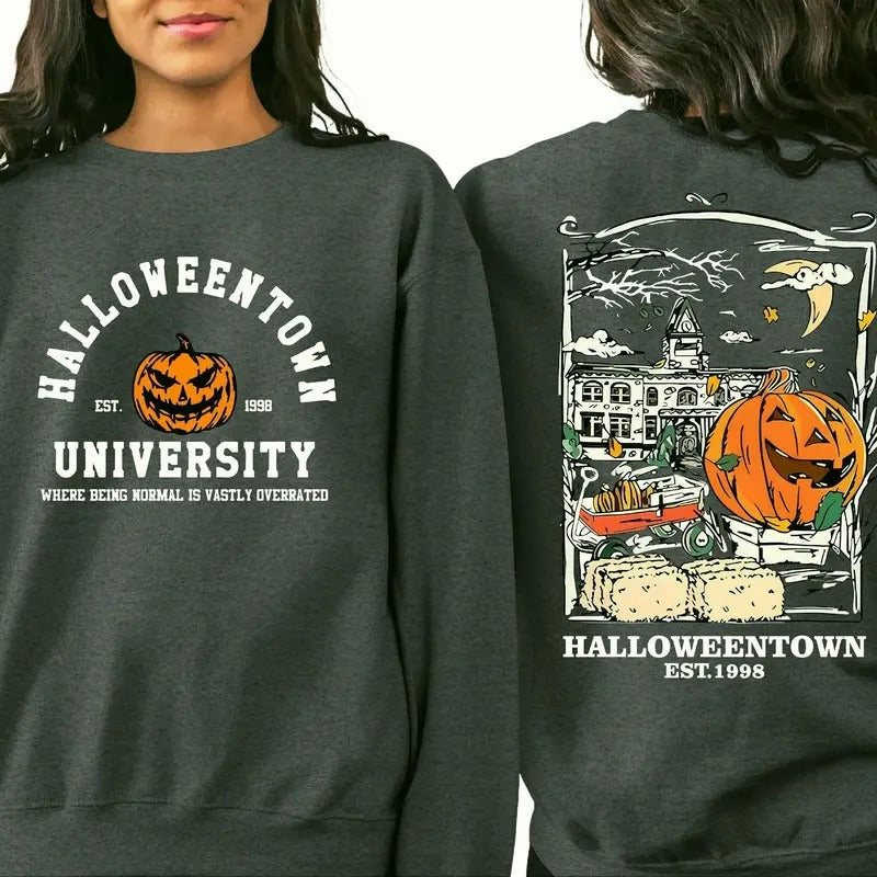 Halloweentown Est 1998 Back and Front Sweatshirt, Retro Halloween Town Crewneck Sweatshirt, Halloweentown University Halloween Fall Sweatshirt Collar Cotton