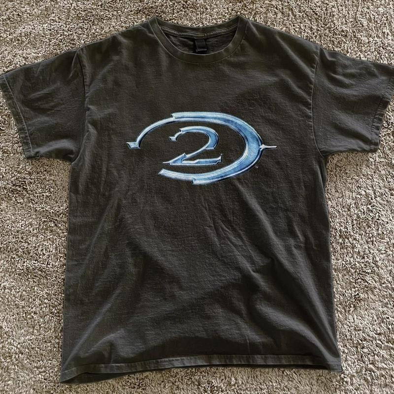 Halo 2 retro black tee blue logo Vintage Gaming Shirt Y2k ad campaign promo- vintage y2k tshirt Menswear Top