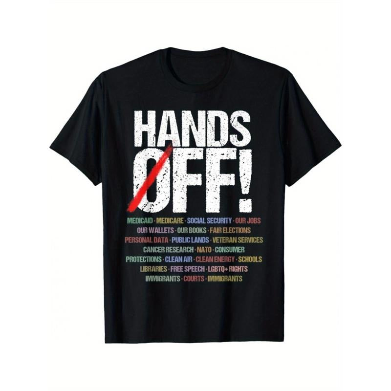 Hands Off Protest Graphic T-Shirt - Men's Casual Crew Neck Short Sleeve Tee with Bold Printed Text, Black Bohemian Style, Perfect for Social Gatherings & Casual Attire, Statement Clothing | Nontransparent Fabric