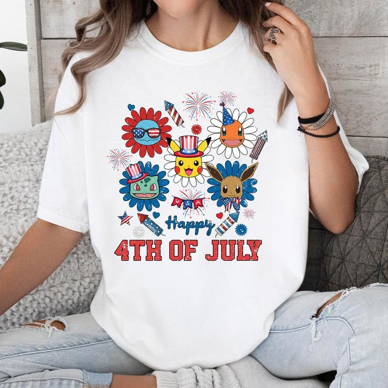 Happy 4th of July PKM Anime Firework Independent Day Tshirt Crewneck Hoodie Comfort Cotton