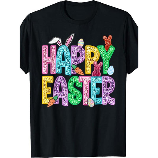 Happy Easter" Vibrant Bunny & Eggs Graphic Tee for Men, Women, and Youngsters - 100% Cotton, Short Sleeve, Crew Neck in Black | Casual Spring Wear made in usa