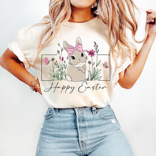 Happy Easter Bunny Coquette Tshirt, Pink Easter Coquette Shirt, Floral Spring Tee, Retro Easter Preppy Rabbit Shirt, Unisex Short Sleeve Tee, Casual Clothing