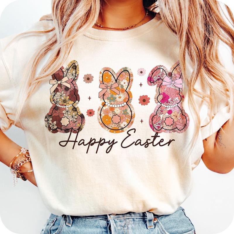Happy Easter Bunny Floral T-Shirt, Easter Bunny T-Shirt, Retro Easter T-Shirt, Spring Floral T-Shirt, Girly Easter T-Shirt, Bunny Coquette