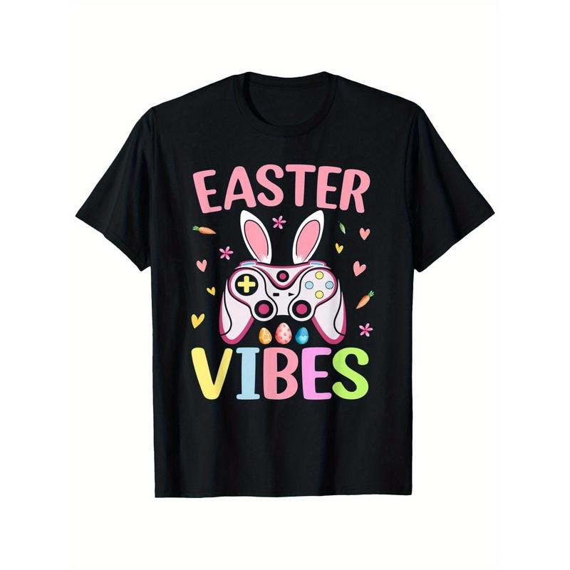 Happy Easter Vibes Video Game Bunny Gamer Mens Easter T-Shirt - Casual Crew Neck Cotton, Super Soft, Summer Breathable Tee - Easter St Patrick'S Day Valentine'S Day Gift for Men Women Couple and Friend made in usa