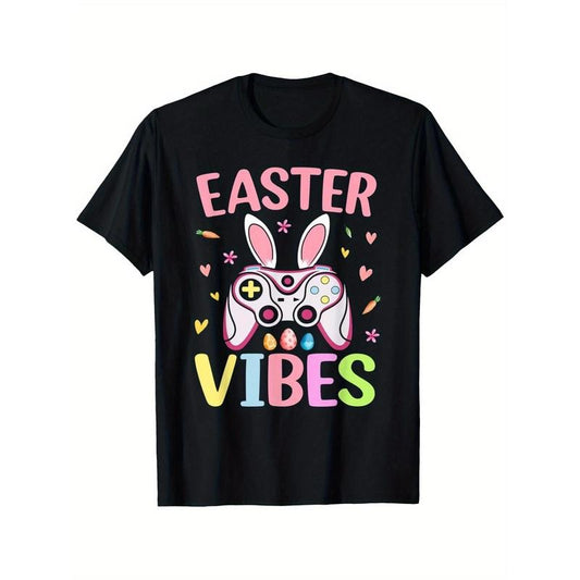 Happy Easter Vibes Video Game Bunny Gamer Mens Easter T-Shirt - Casual Crew Neck Cotton, Super Soft, Summer Breathable Tee - Easter St Patrick'S Day Valentine'S Day Gift for Men Women Couple and Friend made in usa