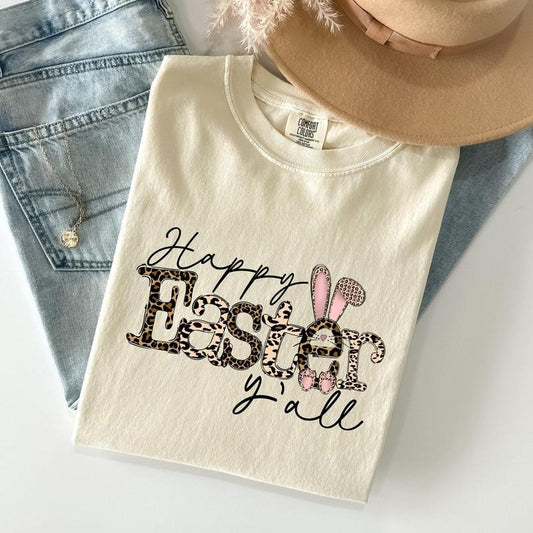 Happy Easter Y'all, Leopard Print, Rabbit Comfort Colors Tshirt, Women's Crew Neck, Crewneck