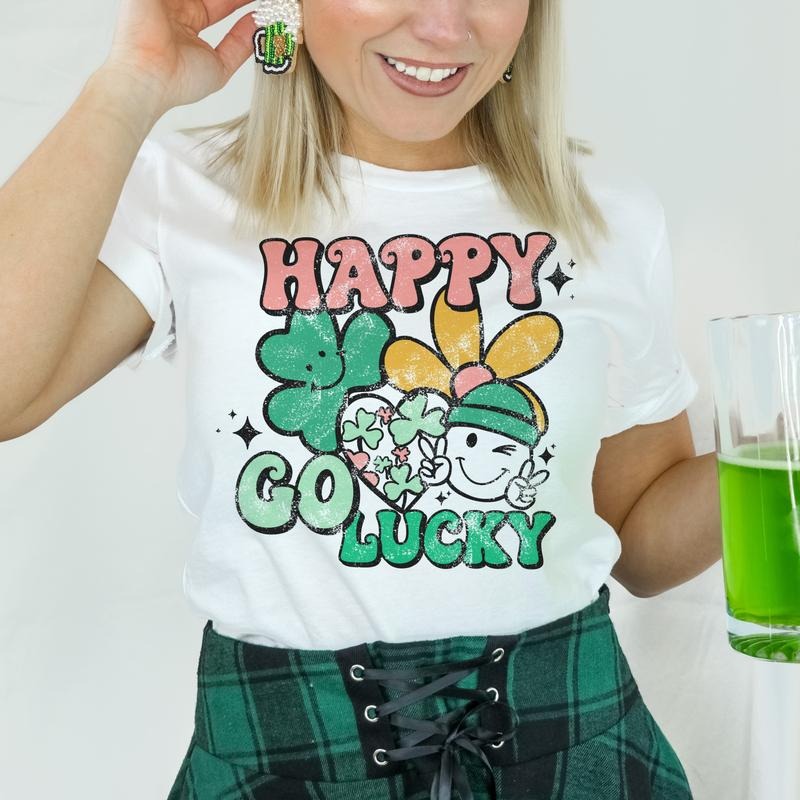Happy Go Lucky T_Shirts St. Patricks Day Lucky Tees Happy Go Luckey Smiley Tshirt Retro St. Pattys T-Shirt Smiley Clover Tees Womens St. Patrick's Day Tshirt Vintage Sublimation Tee