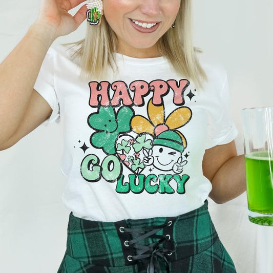 Happy Go Lucky T_Shirts St. Patricks Day Lucky Tees Happy Go Luckey Smiley Tshirt Retro St. Pattys T-Shirt Smiley Clover Tees Womens St. Patrick's Day Tshirt Vintage Sublimation Tee