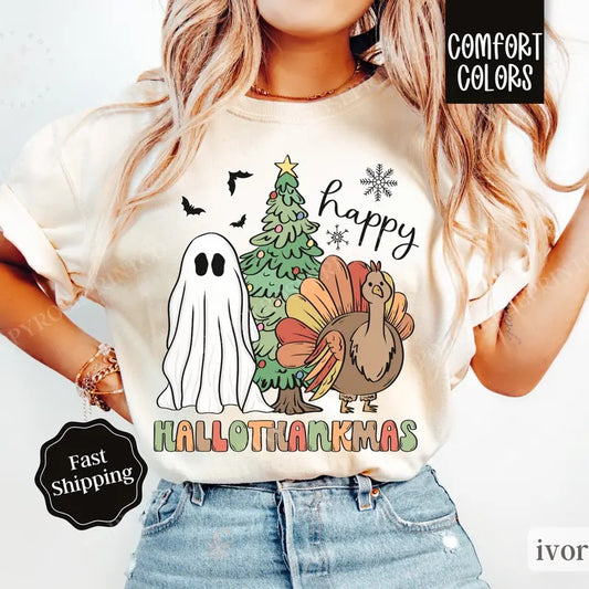 Happy Hallothankmas Shirt Comfort Colors , Halloween Thanksgiving Christmas Shirt,  Women's Holiday Teestyle{n002}2