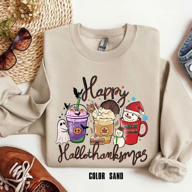 Happy Hallothanksmas Sweatshirt , Christmas Sweatshirt, Thanksgiving Shirt, Christmas Shirt, Coffee Pumpkin Spice Iced, Snowmen Sweatshirt